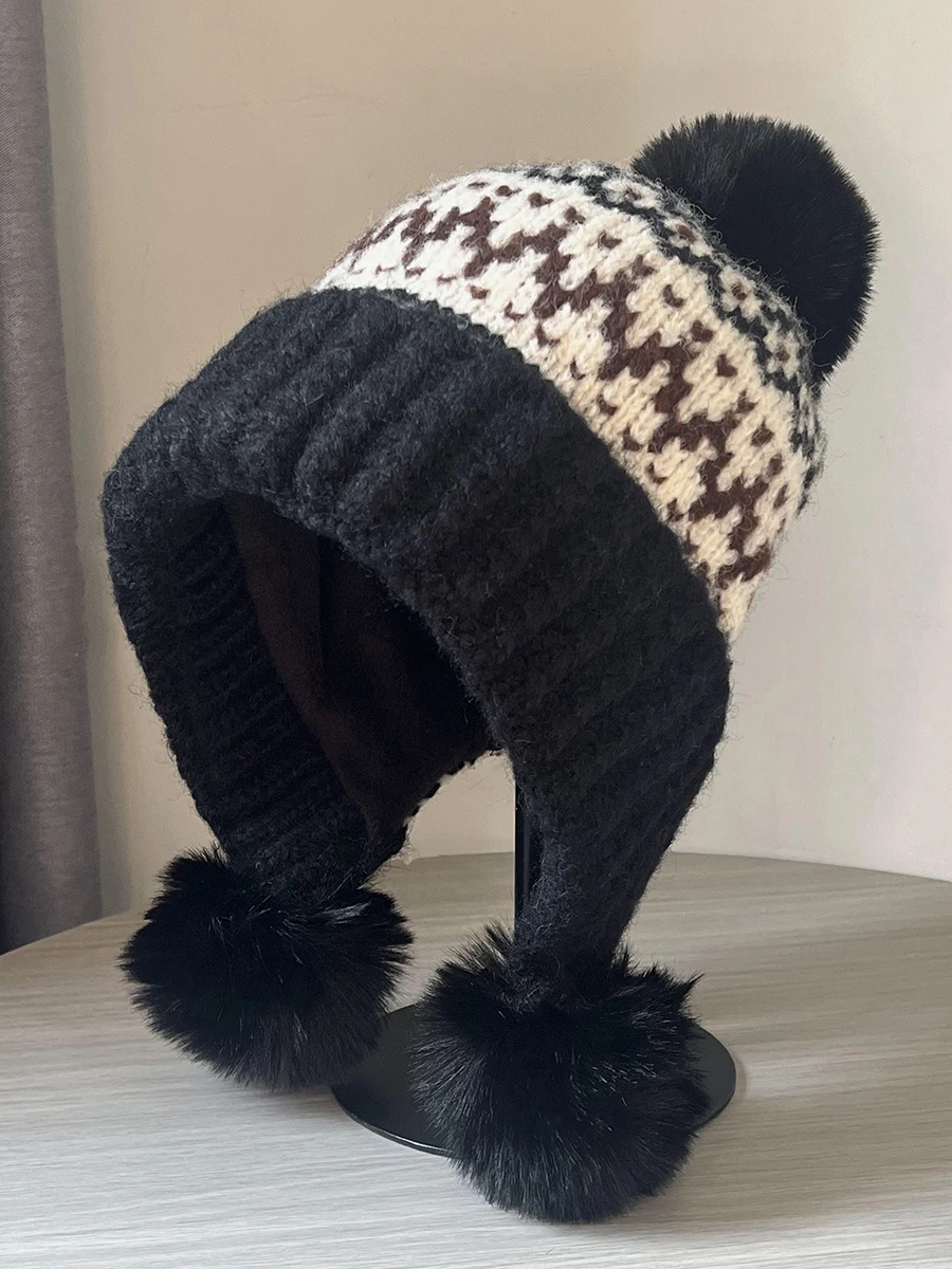 Damen-Wintermütze – verdickte warme Mütze mit Gehörschutz, kältebeständige Strickmütze für Weihnachtsgeschenke, Rot, Grau