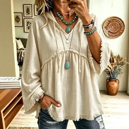 Women's Hooded Long Sleeve Top V Neck Tassel Fringe Decor Loose Fit Elegant Versatile Commute Office Daily Wear Pullover Blouse