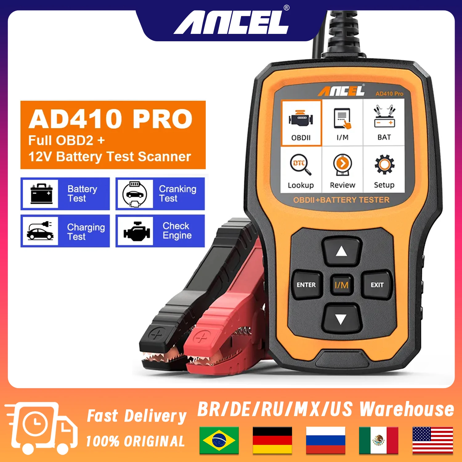 

2024 ANCEL AD410 PRO OBD2 Scanner 6V 12V Battery Test Code Reader Check Engine Cranking Full OBD2 Function Car Diagnostic Tools