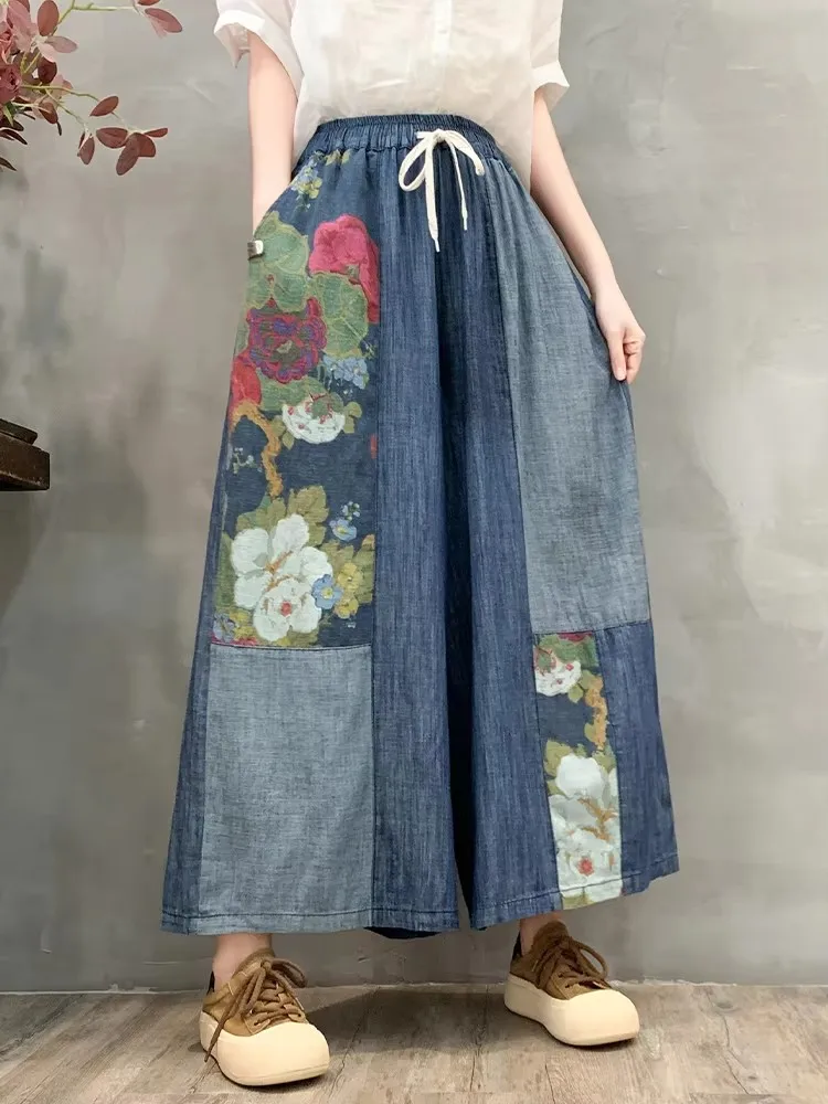 Amax luluE 2024 Letnia Moda Damska Denimowe Spodnie z Nadrukiem Plus Size Szerokie Nogawki Damskie Luźne Kwiatowe Jeansy Klasyczne Spodnie