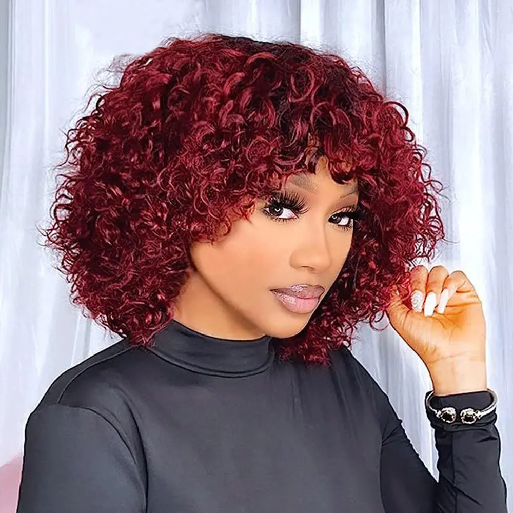 

99J Red Deep Wave Pixie cut Curly Machine Make Wigs With Bang 100% Remy Human Hair For Women