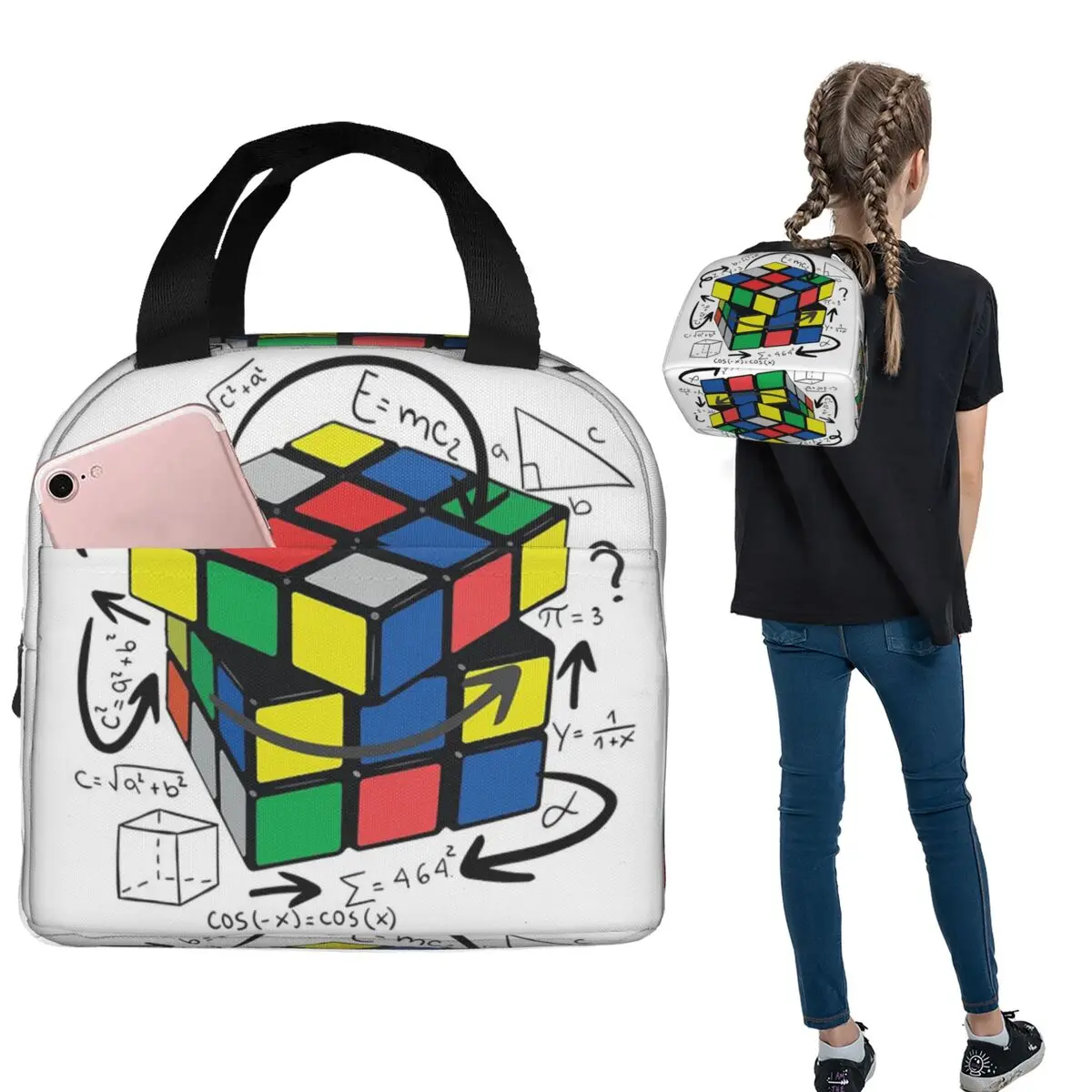 Math Rubiks Rubix Cube Insulated Lunch Bag for Women Kids Portable Food Boxes Thermal Lunch Box Tote