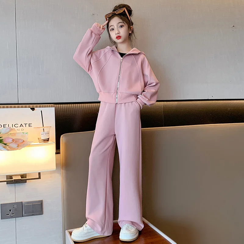 

Korean Children Girls Outfit 2025 Autumn Sports Suit Pink Pure Cotton Jacket + Wide-leg Sports Pants Sets For Kids Girl 2 Pieces