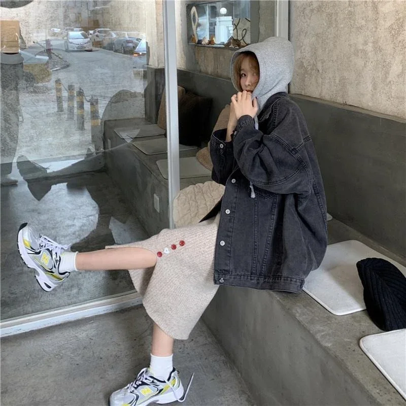 Women's Petite Student Spring Autumn Hooded Denim Jacket 2025 New Couple Fake Two Piece Casual Loose Fit Korean Style
