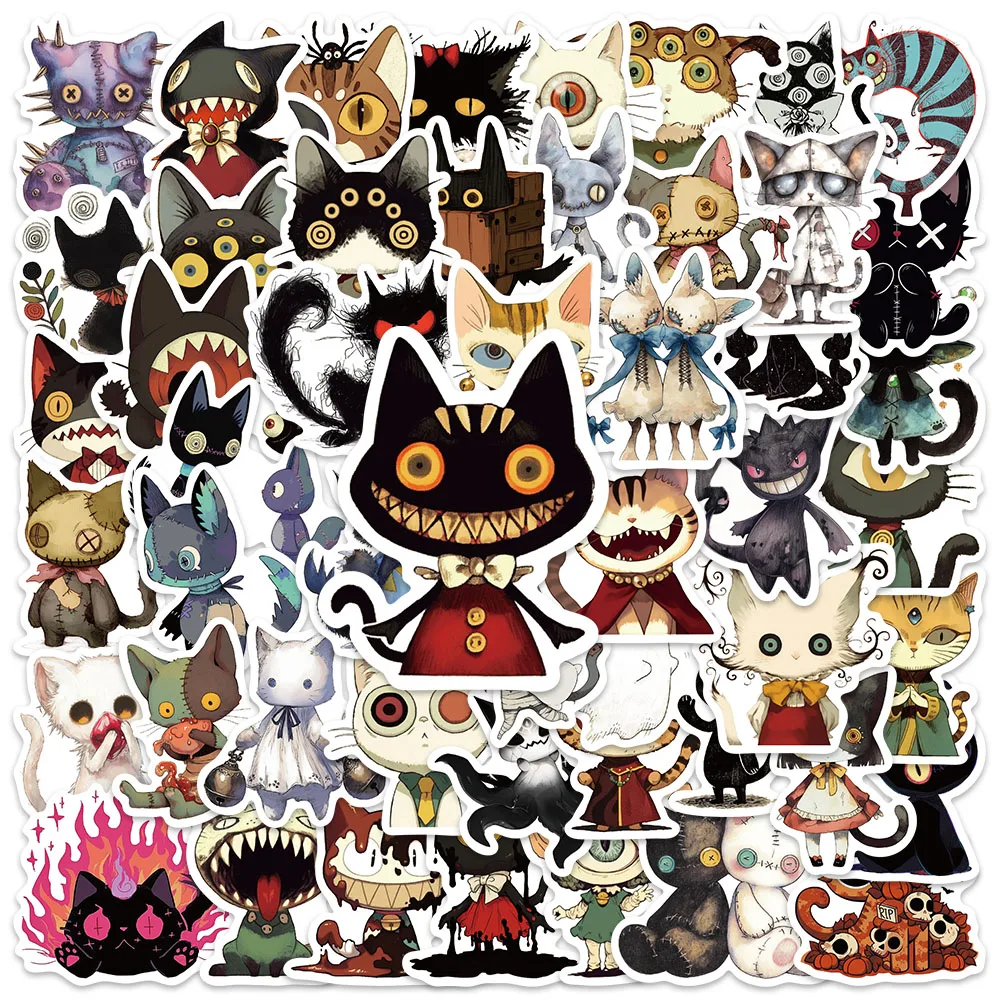 

50pcs Funny Cartoon Gothic Creepy Cats Stickers For Laptop Water Bottle Luggage Notebook Waterproof Graffiti Vinyl Car Decals