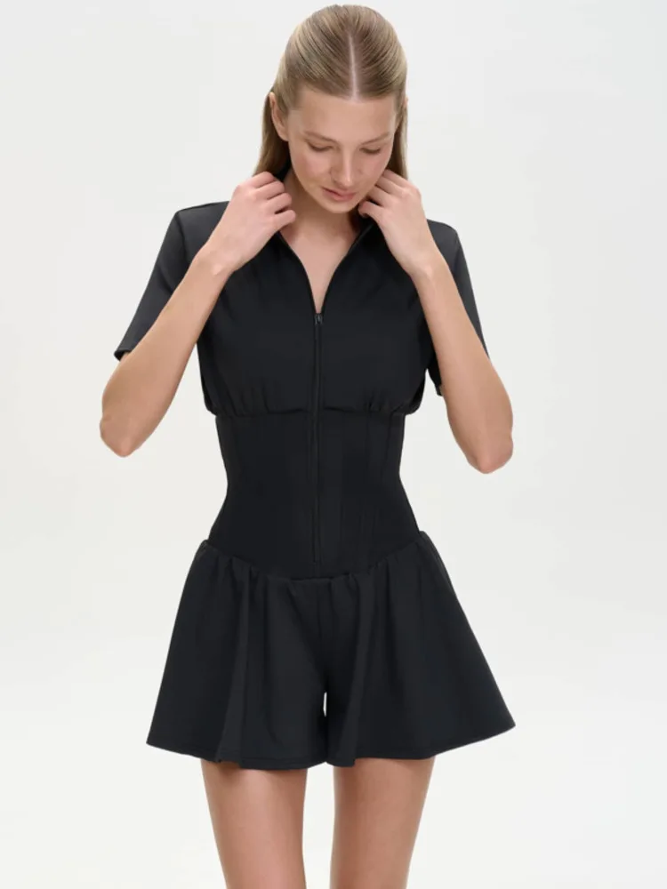 Blifanbo Zipper Short Sleeve Sports Bodysuit Women Rompers Summer Casual Bodycon Draped Ruched Female Bodysuits 2026 Summer New