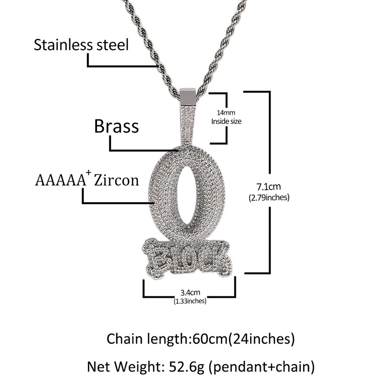 Hip Hop Prong Setting AAA CZ Stone Bling Iced Out Solid O BLOCK Letter Pendant Necklace for Men Rapper Jewelry Gold Silver Color