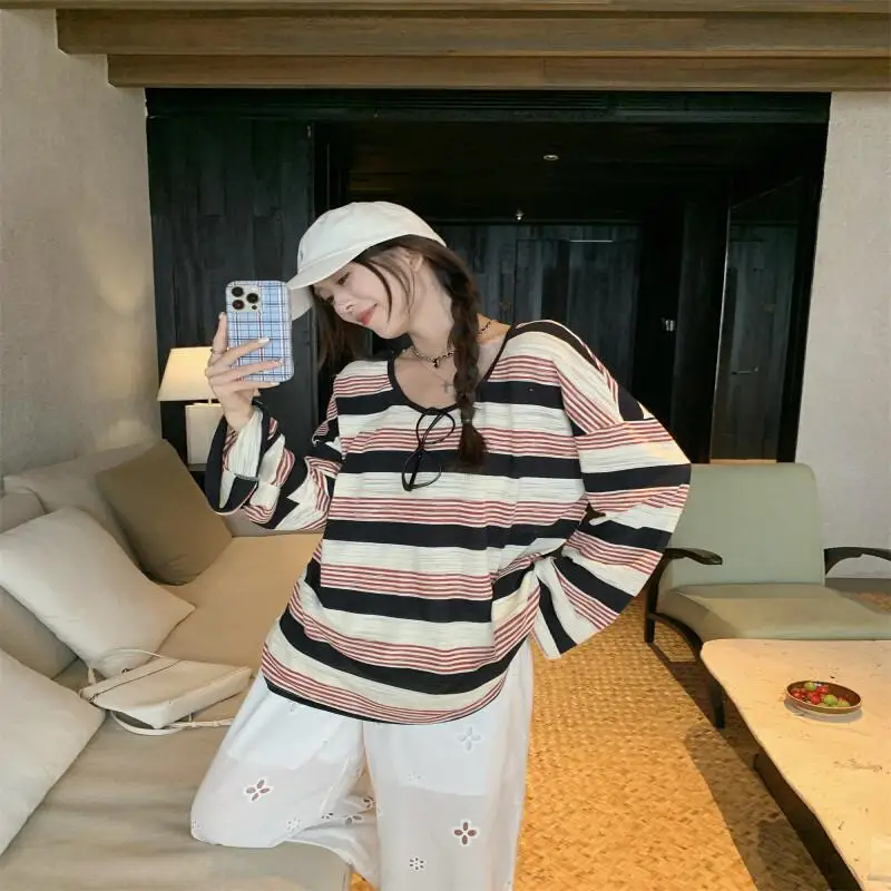 

Модная женская футболка в стиле кавайи для студенток, повседневная, с мультяшным принтом, цветная, с тонкими ткаными полосками и контрастными полосками, тонкая, с защитой от солнца