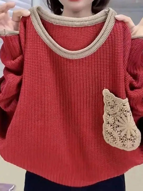 

Spring New Style Artistic Vintage Loose Women's Knitted Sweater with Pocket Outerwear Color Block Slimming Top Versatile