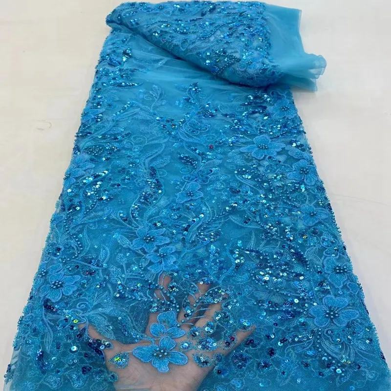 Promotion French Tulle Lace Rich Heavy Occasional Net Fabric With Sequins Beads Nigerian Modern Traditional Wear TS9836