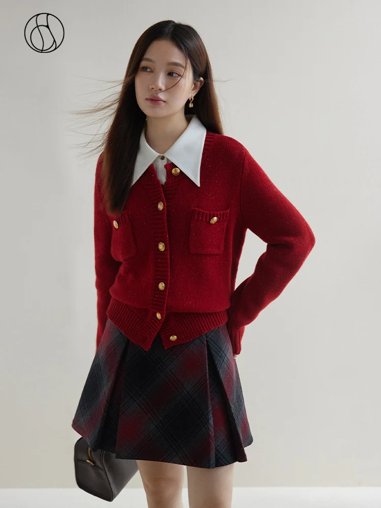 DUSHU 100% Wool Round Neck Women Sweater Cardigans Mental Button Decoration Winter Short Woolen Sweaters Retro Red Jackets fsle retro denim blue women mini skirts high waist pocket decoration short denim pleated skirt 74 1% cotton spice girl skirt