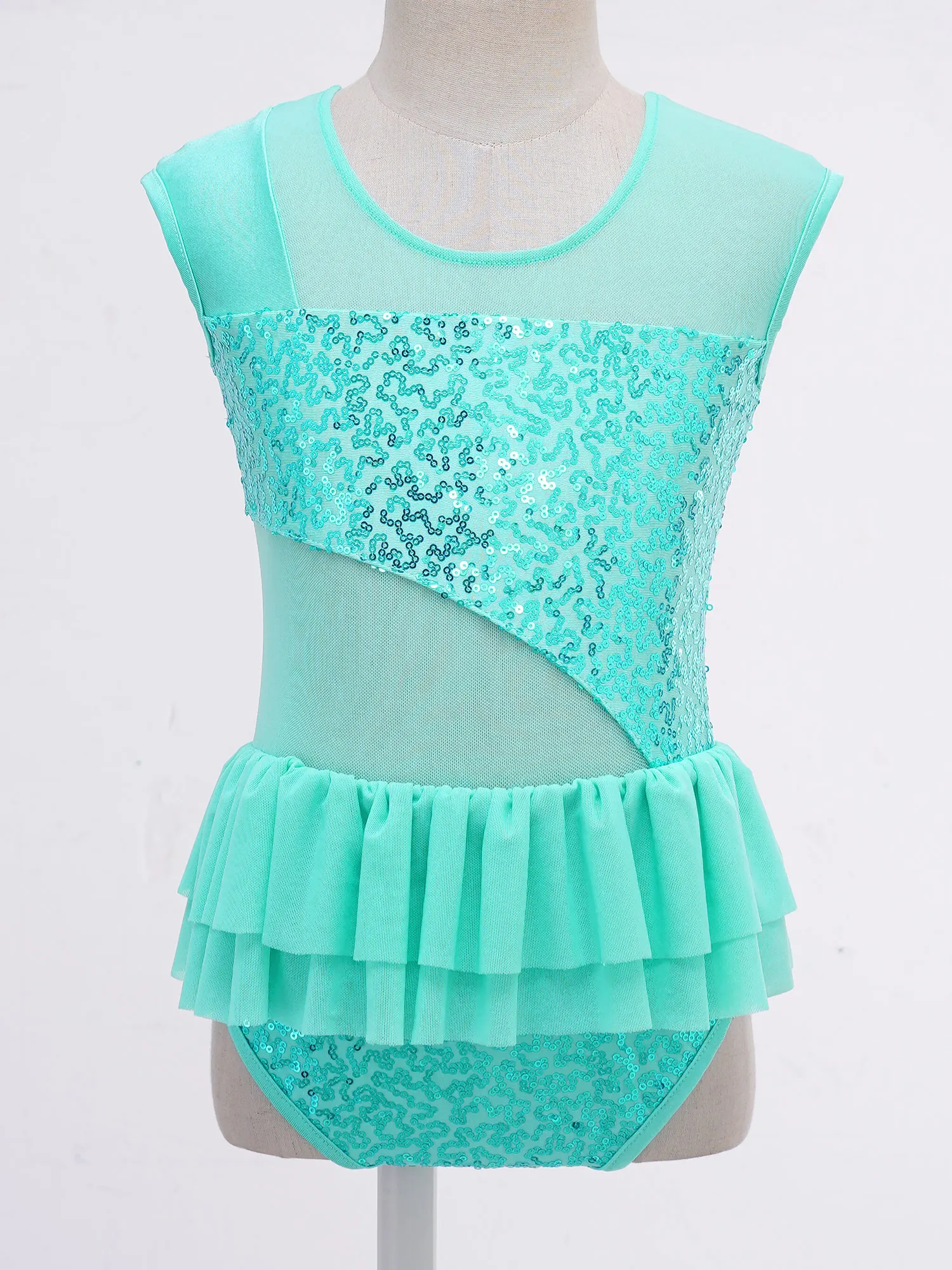 Shiny Sequins Ballet Leotards for Girls Sleeveless Patchwork Ruffle Mesh Hem Gymnastics Leotards Ballerina Dance Costume Kids