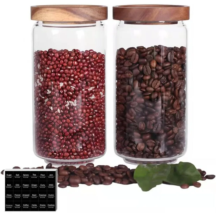 

SAIOOL Домашние кухонные банки из боросиликатного стекла, канистры с герметичной крышкой из дерева акации, 2 упаковки, 30 унций, 900 мл, минималистичный предварительно напечатанный F