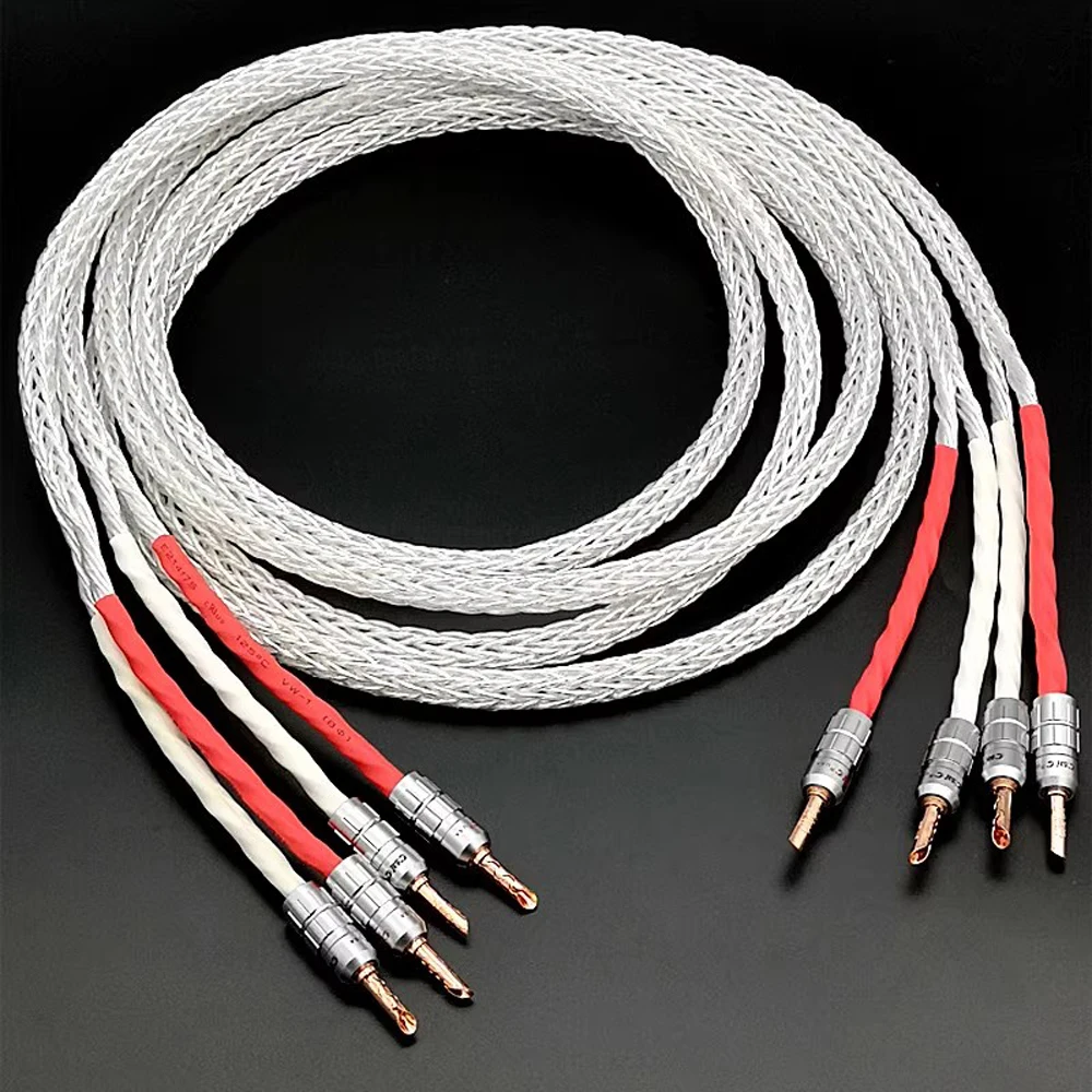1 Pair HiFi 8AG OCC silver plating Speaker Audio Cable 16-Core Speaker Cord Wire Red Copper Banana Plugs