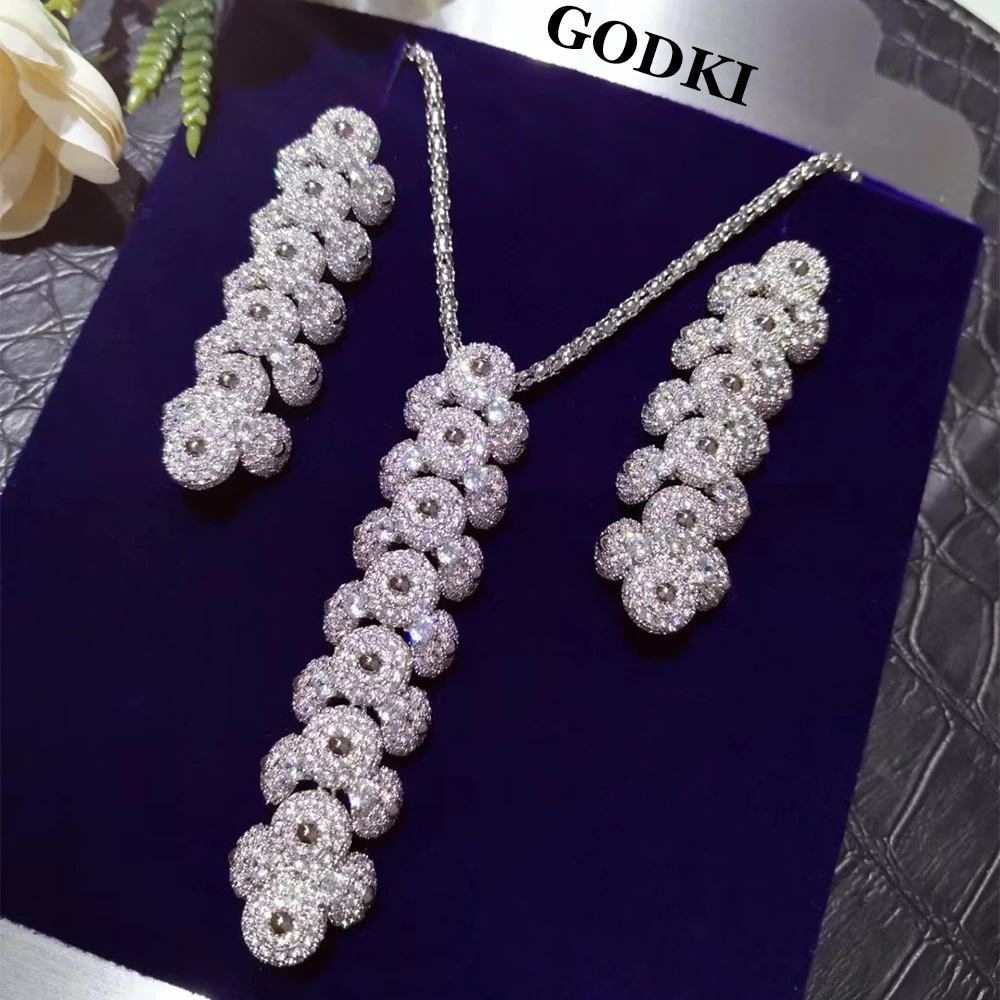 GODKI NEW Trendy 2PCS Long Chain Necklace Earring Jewelry Sets For Women Wedding Party Full Zircon Dubai Bridal jewelry Set