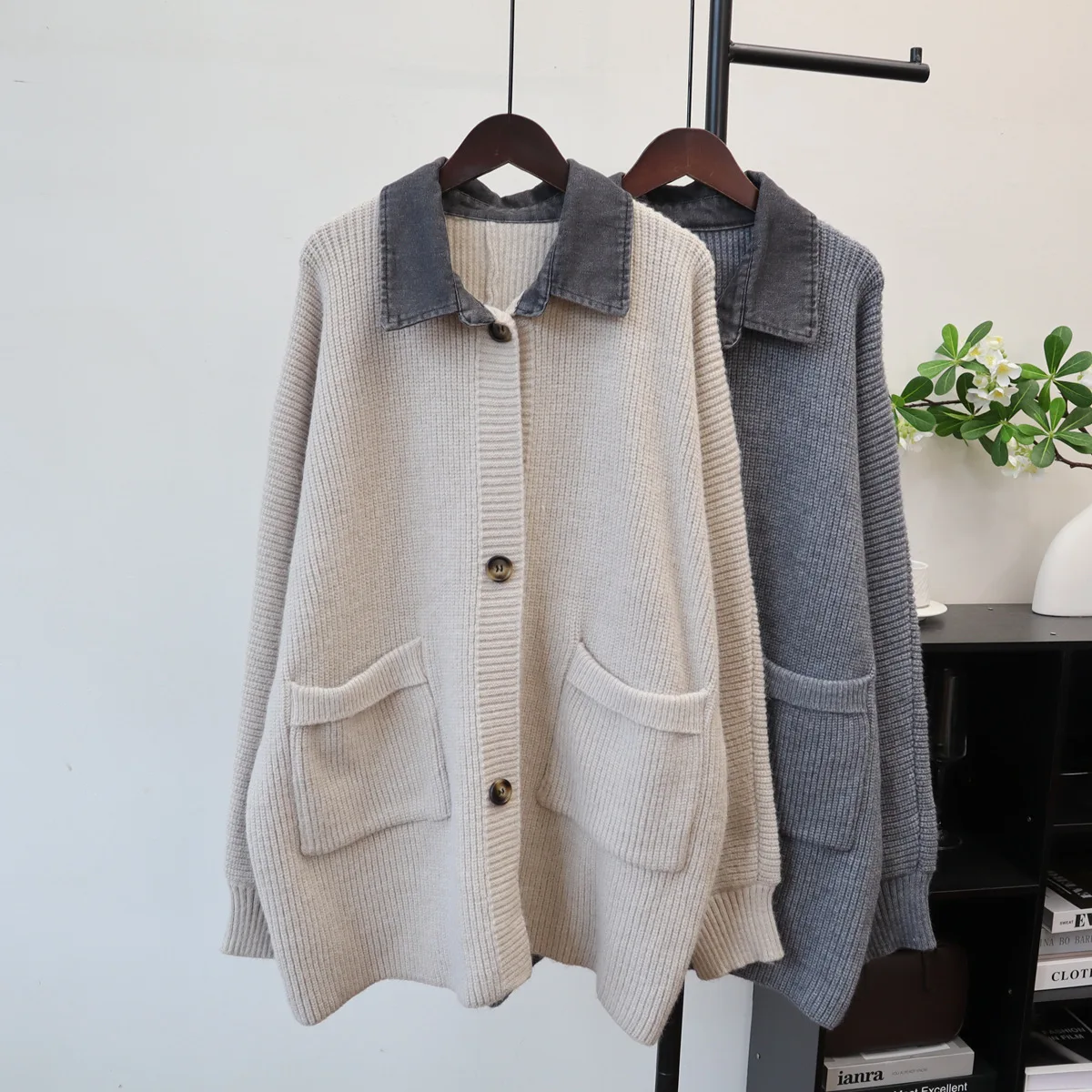 

Knitted Cardigan Sweaters Women Casual Jumpers Patchwork Turn Down Collar Long Sleeves Thick Loose Single Breasted 2025 Autumn