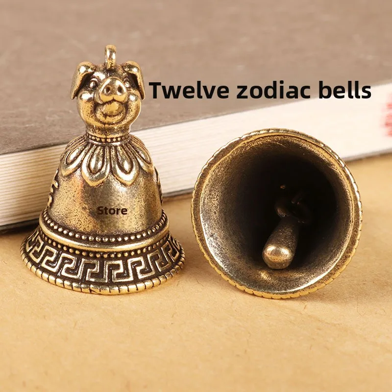Brass Chinese 12 Zodiac Animals Heads Bell Keychain Pendants Jewelry Vintage Copper Feng Shui Car Key Chain Hanging Keyring Gift