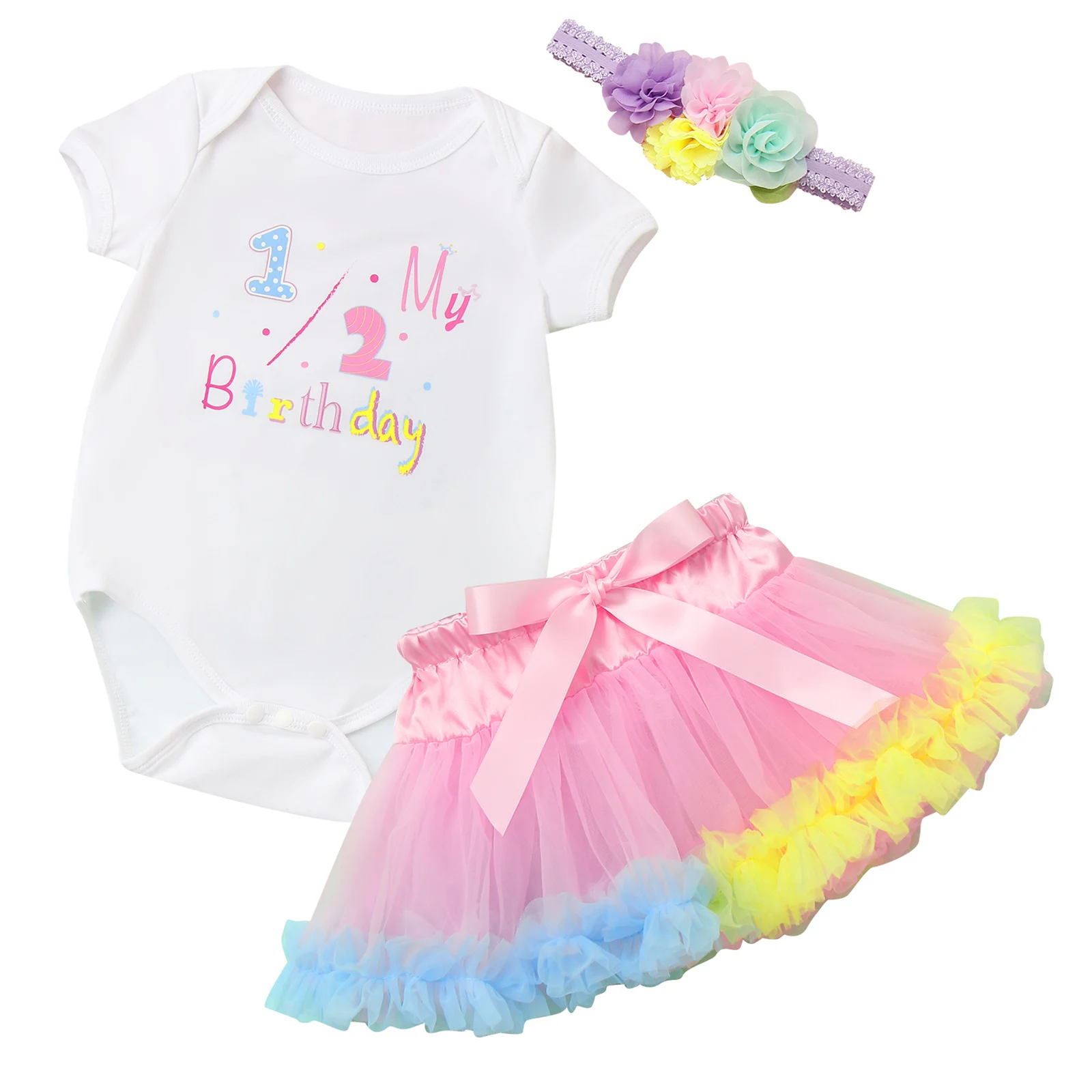 

0-24M Baby Girls Baptism Birthday Clothes Set Short Sleeve Cute Print Romper with Tutu Skirt Headband for Daily Photography