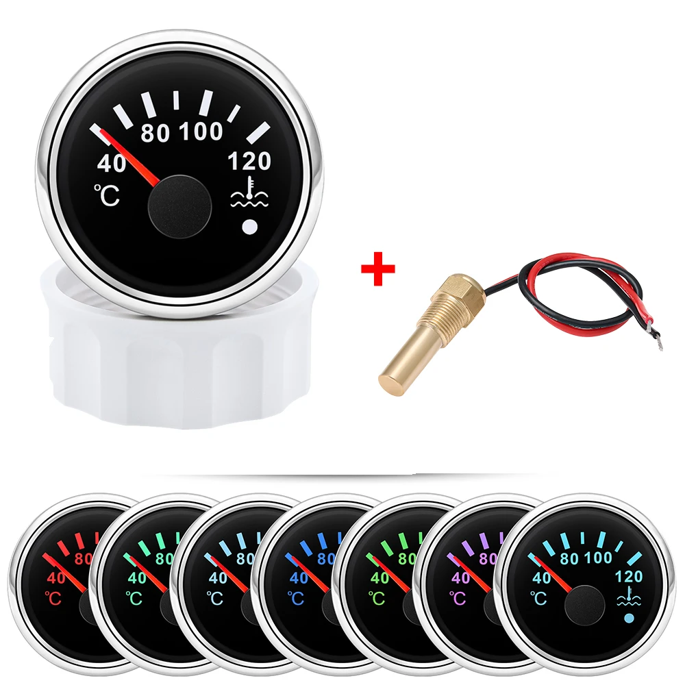 52mm Wasser temperatur anzeige 40-120 Grad Celsius mit 7-Farben-Kühlmitteltemperatursensoren mit Hintergrund beleuchtung und Alarm 12V/24V.