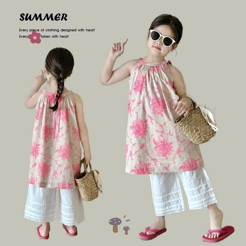 Congme 2-8 Yrs Girls Fashion Clothing Set Top+Pants Toddle Kids Floral Sleeveless Vacation Style Soft Casual Clothes Set