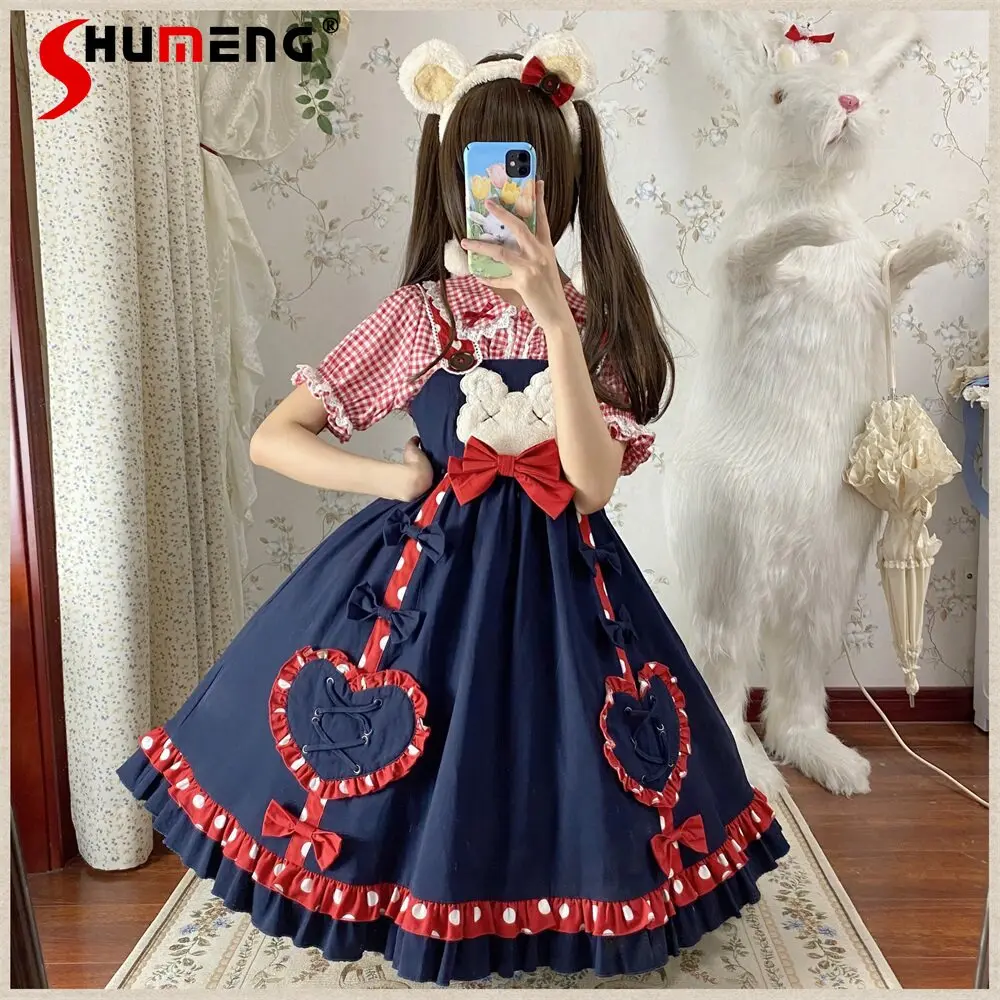 

Sweet Cute Girls Navy Blue Lolita JSK Dress Japanese Style Red Polka Dot Bow Heart Pocket Ruffle Gothic Party Dresses for Women