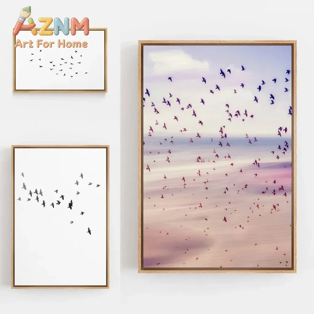 AZNM Pastel Ocean Seaside Canvas Wall Art Flying Birds Flock Minimalist Sky Sea Print Poster Calm Coastal Home Decor