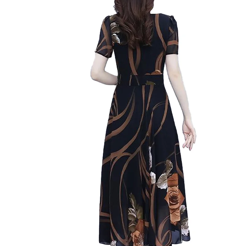 2023 New Summer Fashion Trend Commuting Minimalist V-neck Fresh Print Slimming Waist Covering Belly Casual Vacation Dress