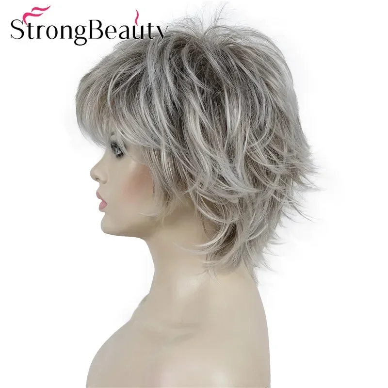 StrongBeauty Short Wavy Synthetic Wigs Fluffy Layered Cut Wig With Bangs Many Colors