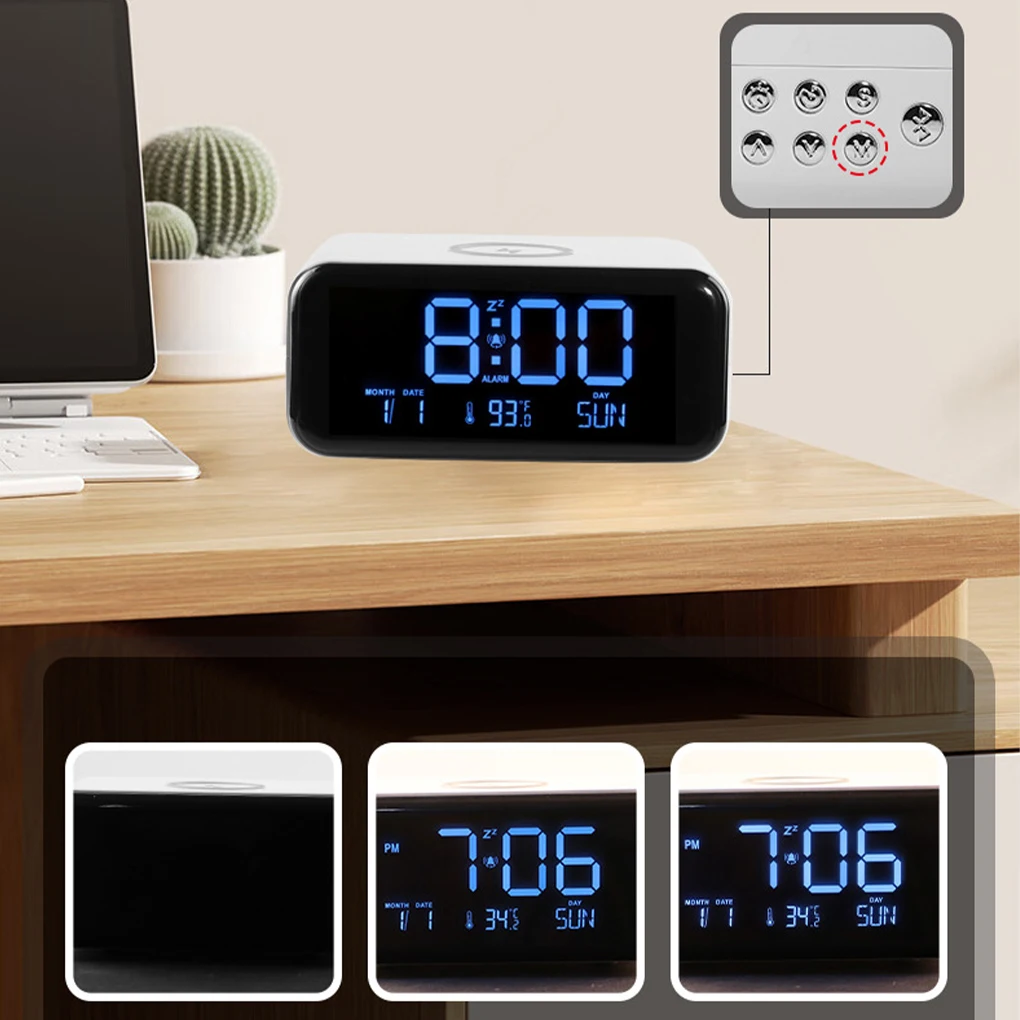 3/4 in 1 Smart Digital Alarm Clock Wireless Charger Bluetooth Speaker Alarm Clock Third Gear Dimming HD LED Display Desk Clock