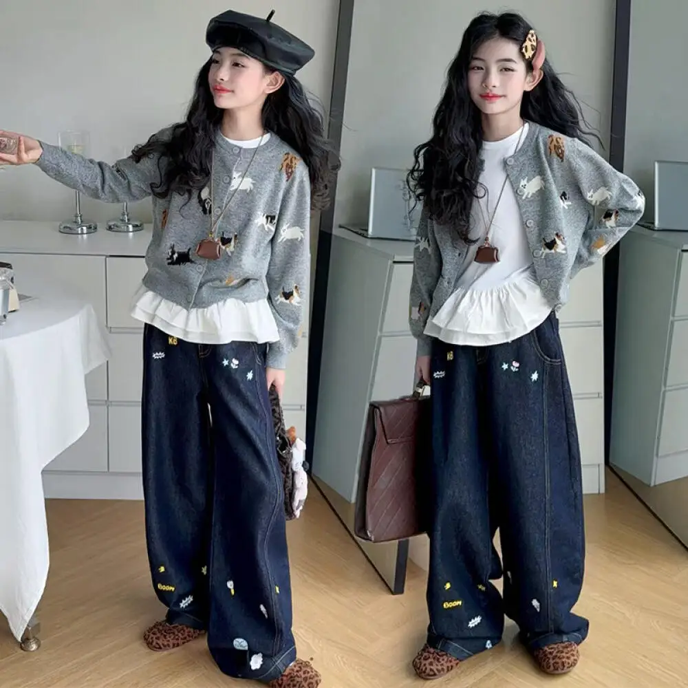 

Kawaii Girl Fashion Sweater Vest T-Shirt Jeans Set Student Autumn Cartoon Casual Knitwear Pants 3-Piece Set Children's Clothing