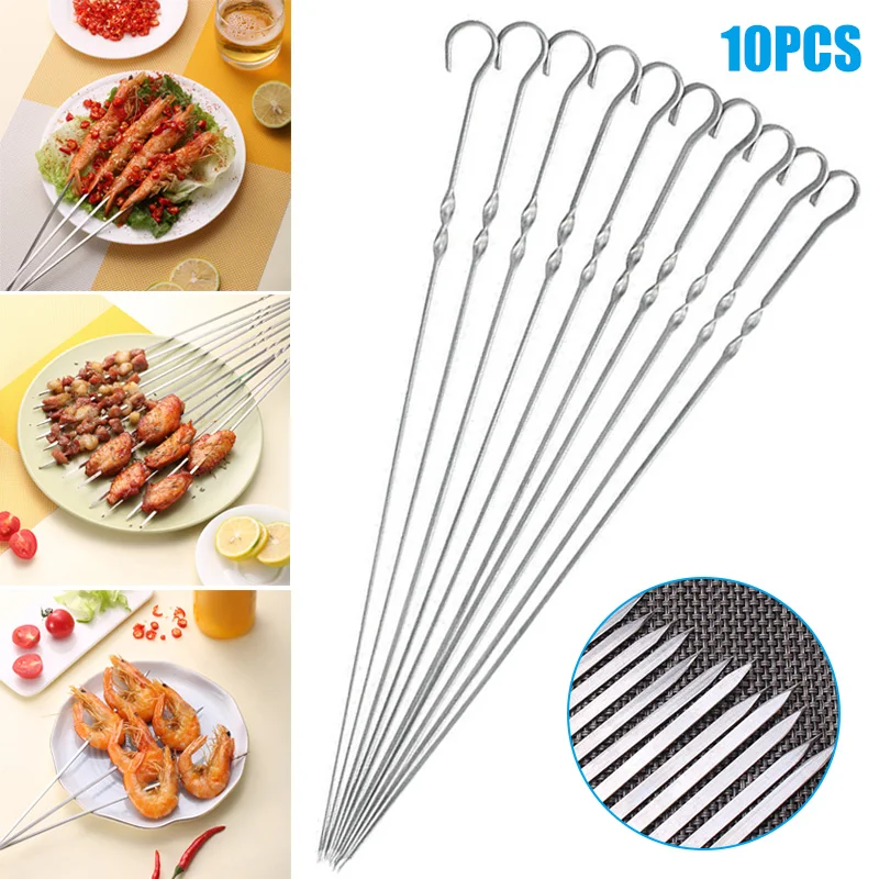 10Pcs Stainless Steel Barbecue Skewer Reusable BBQ Skewers Vegetable Iron Stick For Outdoor Camping Picnic Tools Cooking Tools