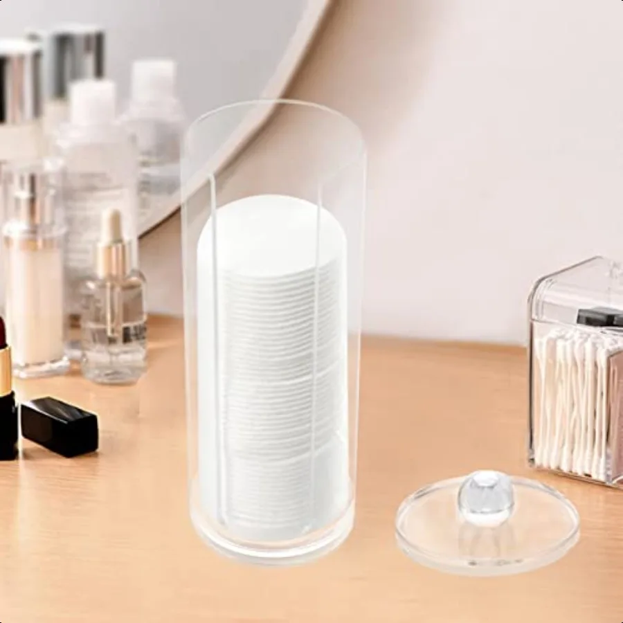 アクリル製コットンラウンドホルダー、蓋付き、化粧台用、メイク落としパッドオーガナイザー、透明な丸型コスメティック収納ディスプレイケース