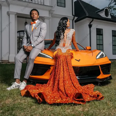 Förtrollande Orange Fjädrar Balklänningar 2025 Svarta Flickor Pärlströja Strass Paljetter Sjöjungfru Festklänningar Anpassade 10 best sales orange balklänningar - №9