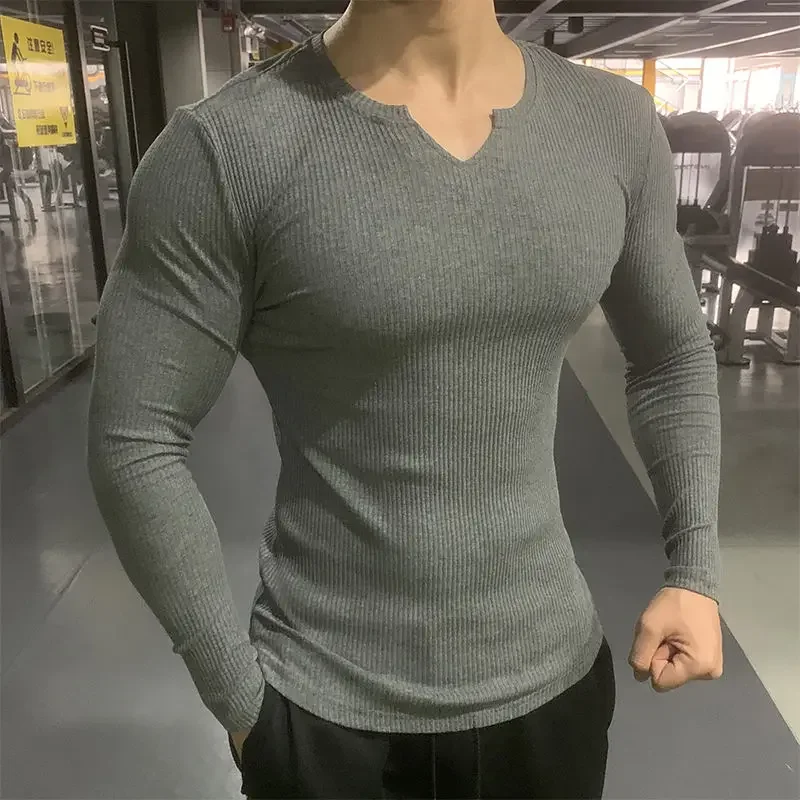 LIBIELIY Fashion V-Neck Solid Color Long Sleeve Korean T-Shirt Men's Clothing 2024 Spring New Slim All-match Tops Casual Tee Shi