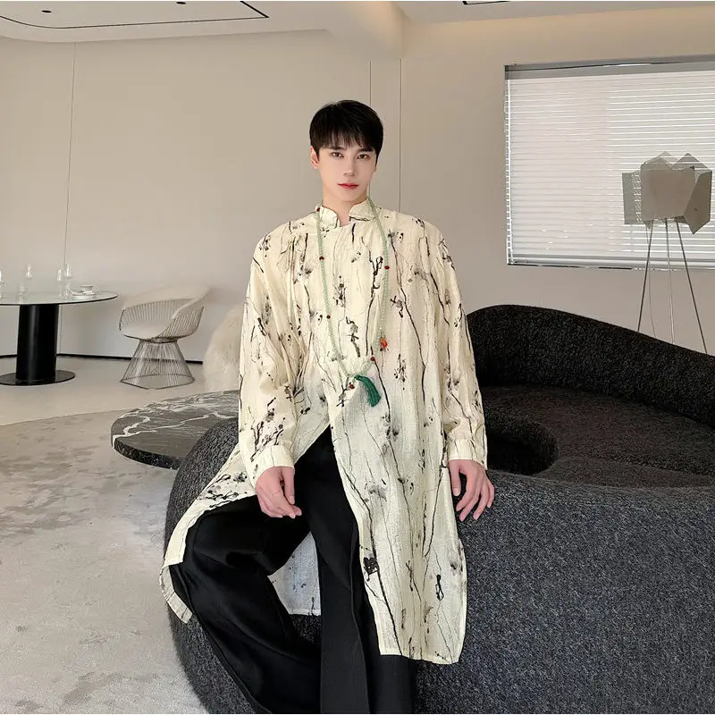 

Chinese Style Long Shirt Men Women Loose Fit Belted Qipao Style Traditional Hanfu Clothing Floral Pattern Four Seasons Wear