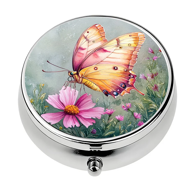 1-piece 3-compartment pill box, butterfly and floral theme pill box, pill storage box, decorative vitamin storage box, suitable for putting in a purse or handbag