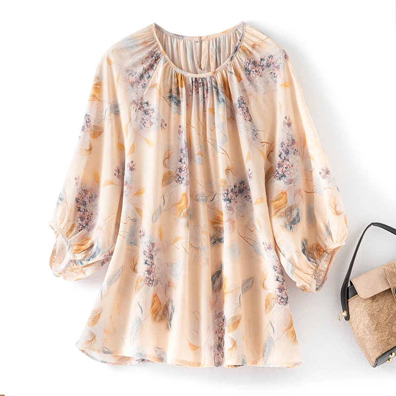 

100% Mulberry Silk Crepe Silk Women Blouse Loose Type Nude Floral Printed Round Neck 3/4 Lartern Sleeve Top Shirt FF057