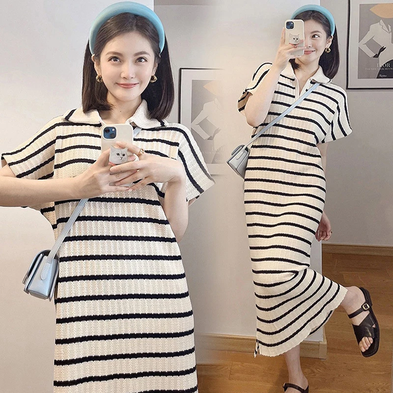 

Loose Striped T-shirt V-neck Dress Women Turn-down Collar Long Simple Casual Short Sleeve Dress