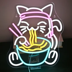 Cat Ramen Neon Sign for Kitchen Bedroom Kawaii Japanese Noodle Restaurant Business Decor Light USB Powered Dimmable Neon