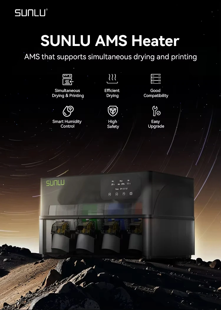 سخان AMS الرسمي من SUNLU، من 20 دقيقة إلى 70 ° C، جاف وطباعة في وقت واحد. مجاري مزدوجة، حرارة موحدة. توافق AMS بالكامل، والرطوبة الذكية