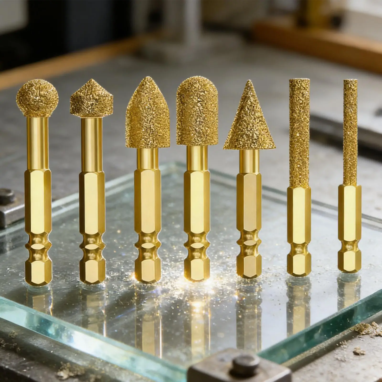 

Набор из 7 алмазных насадок для шлифовки: универсальные сменные фрезы с шестигранным хвостовиком для электродрели, для кирпича, камня, кварца, глазури