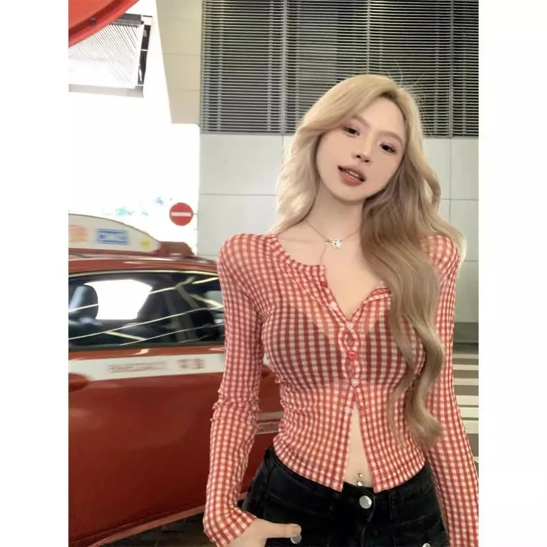 American Retro Spicy Girl Red Checkered Mesh Shirt Women Early Autumn Short Style Tight Sexy Stunning Long Sleeved Top