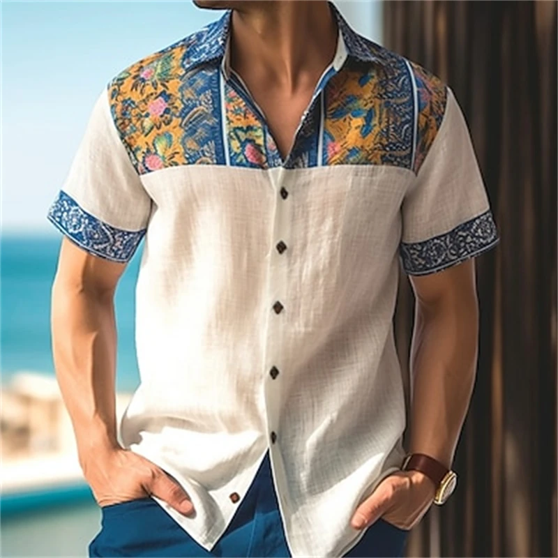 Summer fashion new men\'s short-sleeved shirt solid color cuff placket pattern printing men\'s lapel top loose and comfortable shi