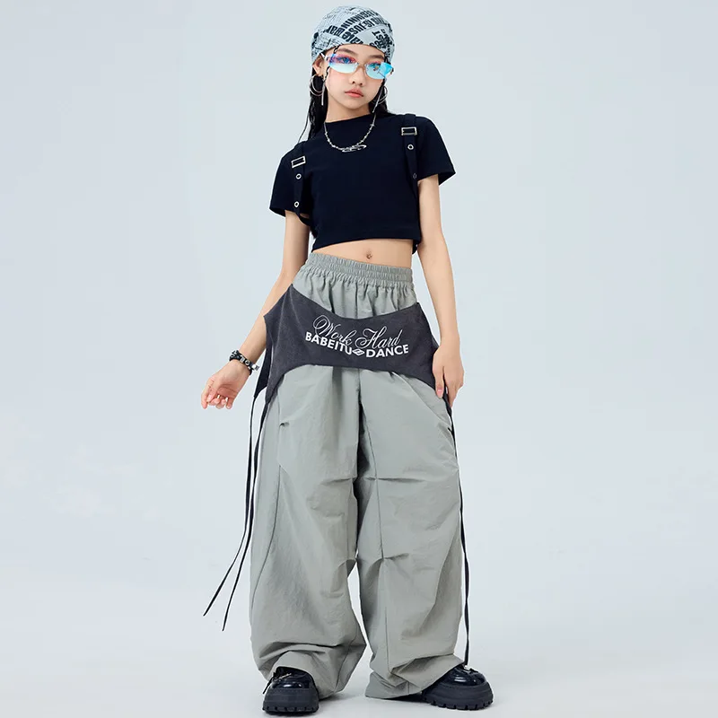 طفل Kpop الهيب هوب الملابس حزام أسود المحاصيل الأعلى تي شيرت رمادي عادية واسعة حزام المظلة السراويل لفتاة الجاز ملابس رقص الملابس