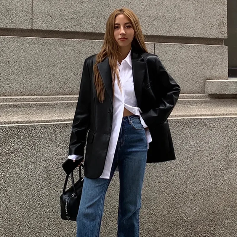 Coreano feminino mangas compridas jaqueta de couro 2025 moda feminina solta couro do plutônio topos outono inverno senhora casual casaco de couro falso