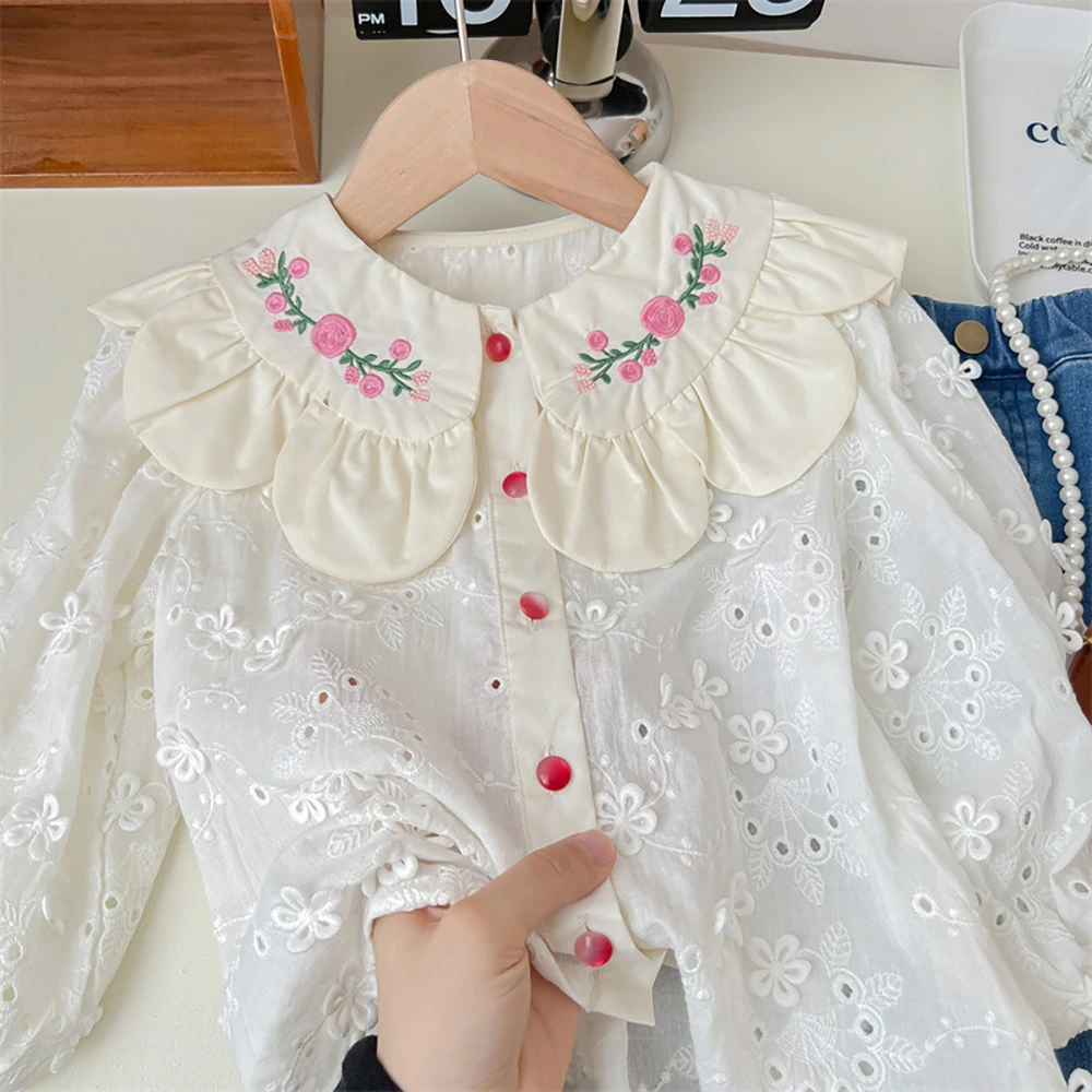 Kids Girls Blouse Spring Autumn Embroidery Floral Turn Down Collar Lace Shirts Infant Girl Long Sleeve Shirt Children Tops 1-8Y