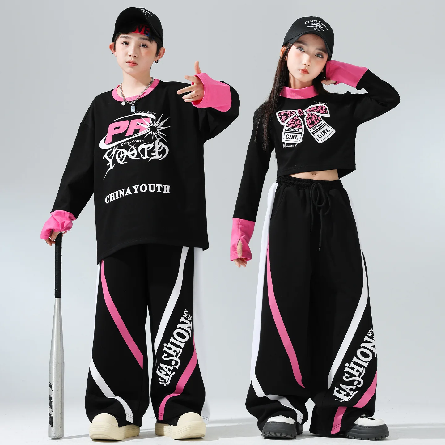 

Kid Kpop Hip Hop Clothing Black Pink Crop Sweatshirt Top Street Casual Wide Leg Sweat Pants for Girl Boy Dance Costumes Clothes