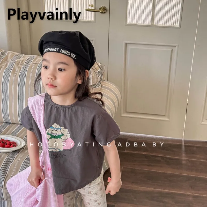 

Летняя детская футболка в корейском стиле для девочек, синяя, темно-серая, милые футболки с короткими рукавами с героями мультфильмов, детская модная универсальная одежда A5287