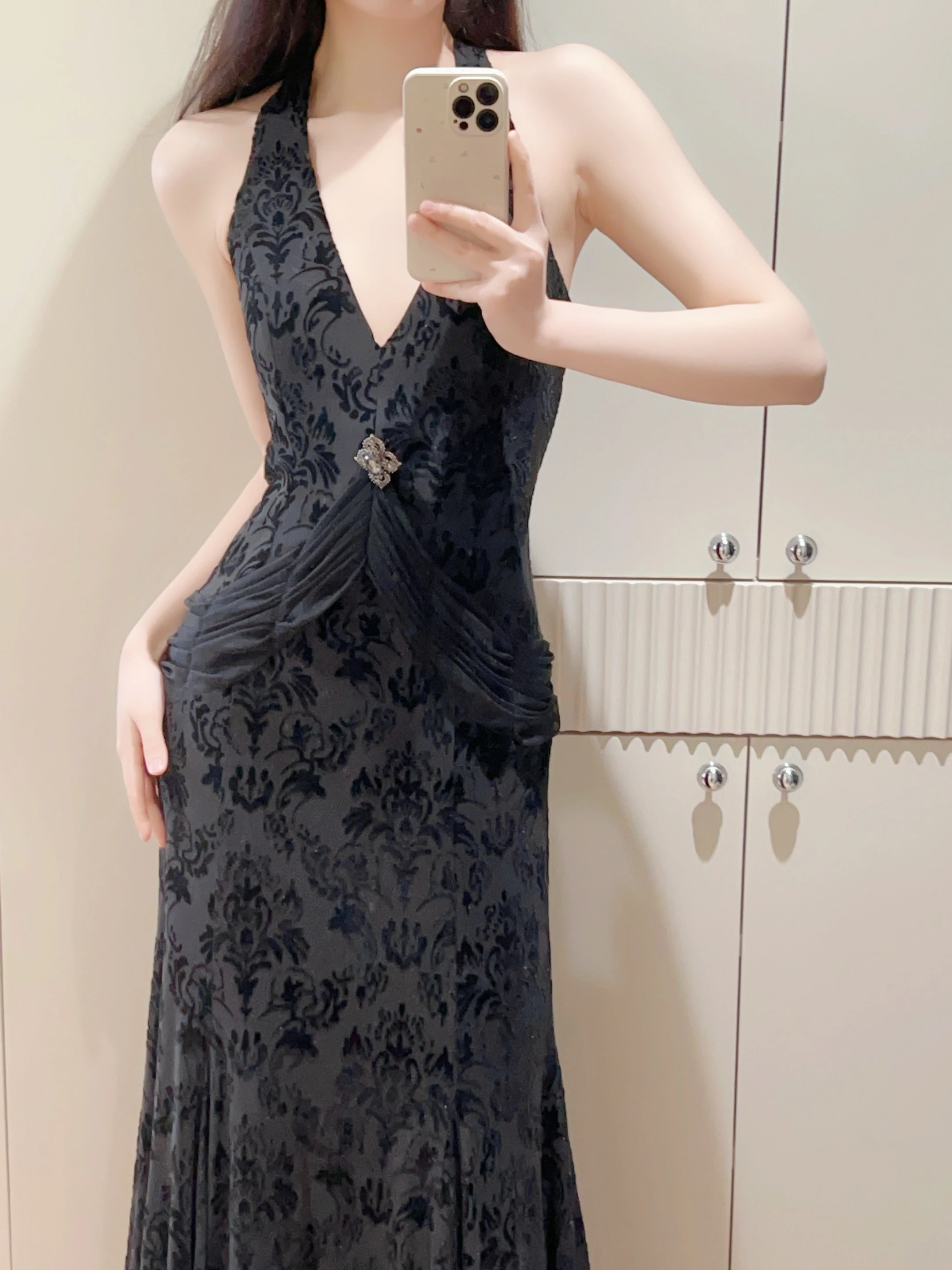 

Винтажное бархатное длинное вечернее платье с глубоким V-образным вырезом, цветочным принтом, завышенной талией, на молнии, в корейском стиле, для свадьбы