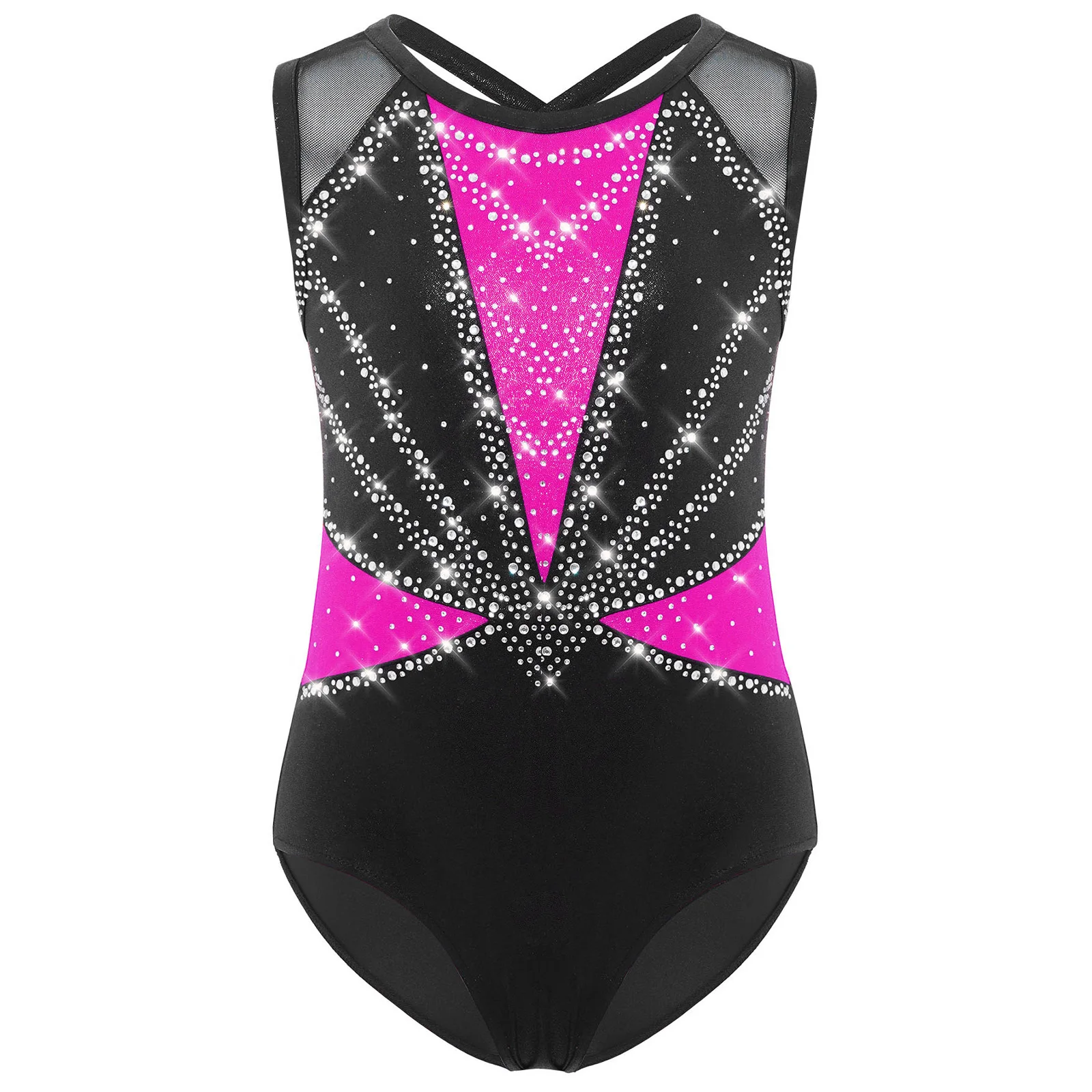 Kinderen meisjes ballet dans turnpakje gymnastiek prestatie kostuum mouwloos kriskras rug strass metallic schaatsen bodysuit
